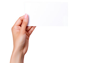 Female hand holding business card, pink beauty background, blank mockup template for design, cut out
