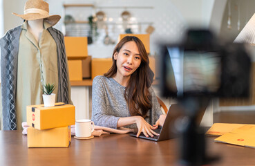 Portrait of beautiful owner asian woman freelancer sme business online shopping working and use...