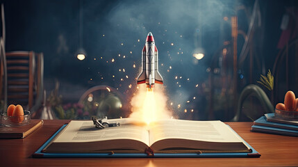 rocket launching on opened book, on table of school class room