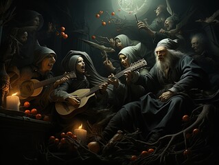 Halloween background with three wise men, witch, pumpkins and candles