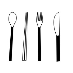 Cutlery Set Vector: Table Knife, Fork, Spoon and Chopsticks