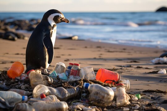 Penguin on the beach with garbage. Pollution of the ocean and coast.