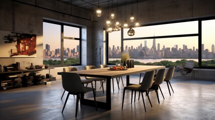 Fototapeta na wymiar Interior design inspiration of Contemporary Urban style home dining room loveliness decorated with Metal and Concrete material and City View .Generative AI home interior design .