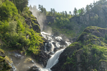 Latefossen is one of the most visited waterfalls in Norway and is located near Skare and Odda in the region Hordaland, Norway. Consists of two separate streams flowing down from the lake Lotevatnet.