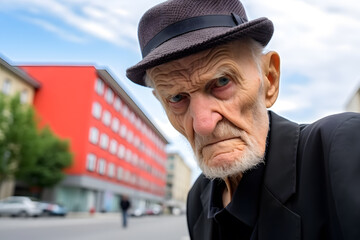 An old man being suspicious, shot in an urban environment, emotions or moods concept. Generative AI