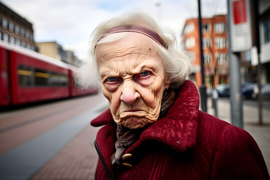 An old woman being contemptful, shot in an urban environment, emotions or moods concept. Generative AI