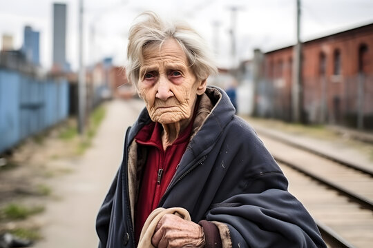 An old woman being sad, shot in an urban environment, emotions or moods concept. Generative AI