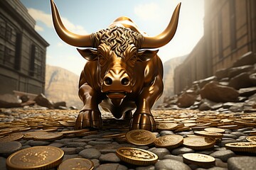 A stone road featuring a bull statue surrounded by scattered coins