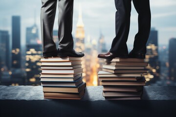 Close up of businessman and businesswomans feet on books, cityscape, success concept - obrazy, fototapety, plakaty