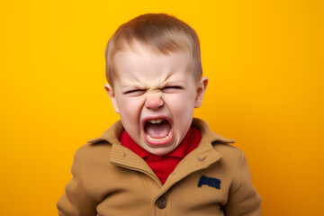 Studio portrait of a little boy being yelling in anger, isolated on colorful background. Kids emotions or moods concept. Generative AI