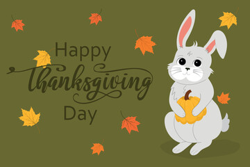 Rabbit holding pumpkin. Thanksgiving horizontal card. Vector illustration