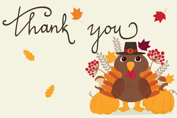 Happy thanksgiving day card with turkey. Flat cartoon style. Vector illustration.