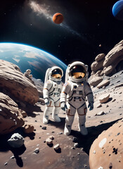 immagine primo piano di astronauti nella tuta spaziale sulla superficie di una luna aliena, spazio scuro e pianeti sullo sfondo