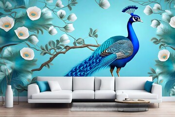 On a branch with flowers is a blue peacock. Interior wall painting for a home.