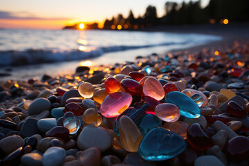 Fototapeta premium Colorful glass stones on the beach in sunset