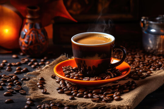 Cup of coffie on the orange plate with coffee beans