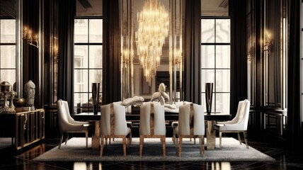 Interior design inspiration of Art Deco Glam style home dining room loveliness decorated with Gold and Velvet material and Ceiling detail .Generative AI home interior design . - obrazy, fototapety, plakaty