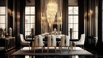 Foto op Plexiglas Interior design inspiration of Art Deco Glam style home dining room loveliness decorated with Gold and Velvet material and Ceiling detail .Generative AI home interior design . © Summit Art Creations