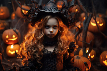 Halloween girl dressed like a witch on candles backround