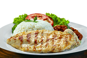 Rice beans grilled chicken steak salad, farofa