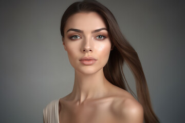 Natural brown-hairedgirl with brown eyes , full lips and with clear fresh skin at grey background. Beauty portrait of attractive young woman for beauty, cosmetic , skin care , spa salon advertasing
