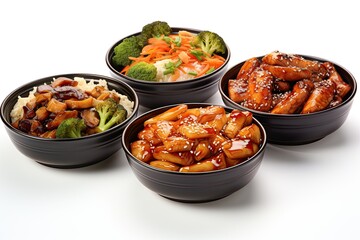 Set of bowls with tasty Chinese food on white background