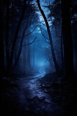 A dark forest in a blue moonlight mist at night