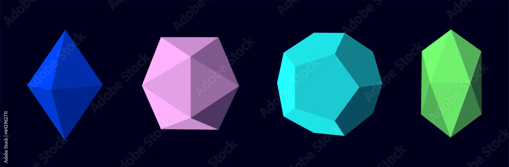 Poster Vector set sci-fi 3D objects with lines. Wireframe geometric figures. Abstract technology background. Scientific framework. Gems set.