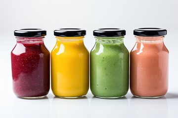 Green, yellow, orange and red smoothie in glass bottles isolated on white background