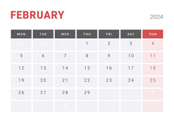 Monthly page Calendar Planner Templates of February 2024. Vector layout of simple calendar with week start Monday for print. Page for size A4 or 21x29.7 cm