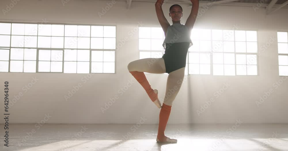 Wall mural Dance, ballet and performance with black woman in studio for art, theater and creative academy Health, music and freedom with ballerina training in class for wellness, practice routine and balance