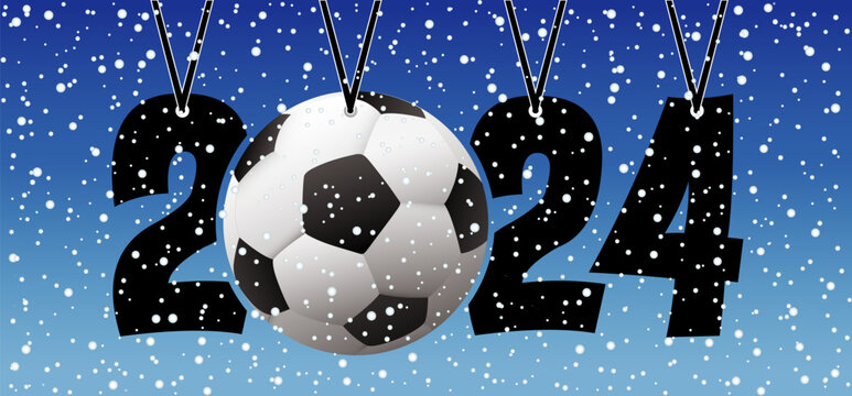 Best wishes, we wish you a happy New Year 2024 with football on winter snow field. Sport finale or school, sports game cup. winter time, Street ball games. Cartoon goal for 2024.