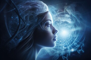 Spiritual Energy. Energy is what makes up the Universe. Energy different vibrational frequencies. Woman face with spirituality Energy waves
