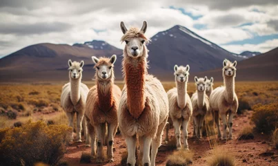 Deurstickers Lama Group of llamas grace the vast desert. Created by AI