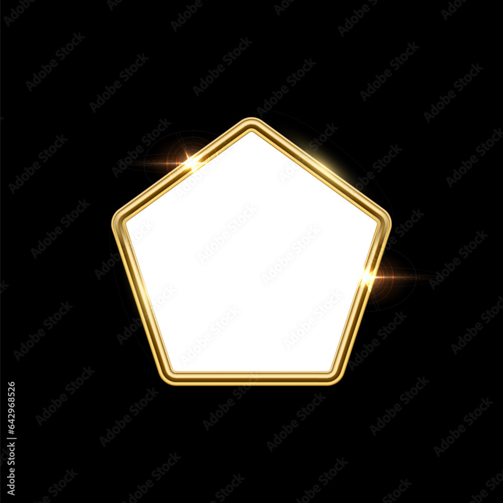 Wall mural 3d plate button of pentagon shape with golden frame vector illustration. realistic isolated website 