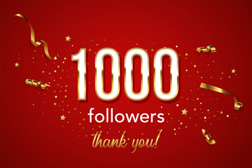 1000 followers celebration horizontal vector banner. Social media achievement poster. One thousand followers thank you lettering. Golden sparkling confetti ribbons. Shiny gratitude text on red