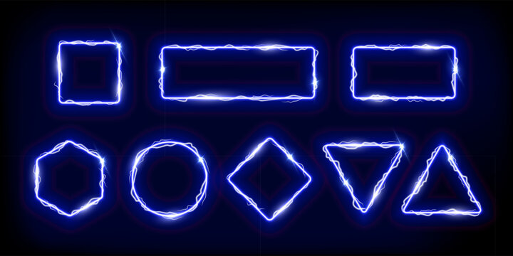 Neon blue frames set with electro flash of lightning vector illustration. Abstract square circle rectangle rhombus hexagon fantasy gates with flare and glow electricity light effect on borders