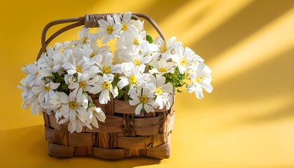 basket of white flowers, yellow background