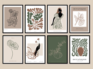Bohemian collection of woman portrait and botanical illustrations for wall art gallery	