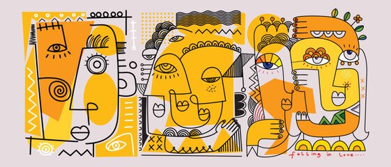 Various of minimalist abstract face portraits drawing with minimalist yellow shapes on background vector illustration. Decorative, ethnic, line art wall art design.