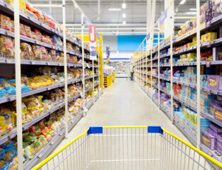 supermarket shelves, blurred background, empty store