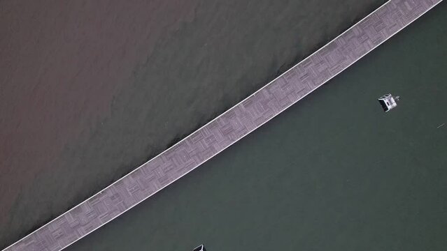 Aerial drone top down view of iconic gondola rides at Park of Nations in Lisbon, Portugal