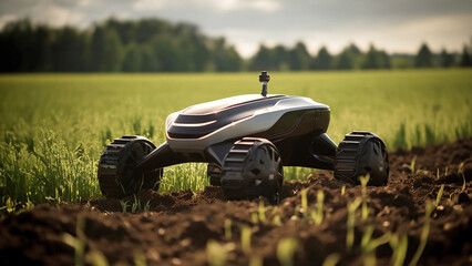 Modern autonomous agricultural robot traverses lush green farming field. Close-up view. Concept of the new tech era in farming, business automation, wireless 5G technologies, artificial intelligence