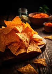 A pile of doritos on the wooden table, dark background. Generative AI.