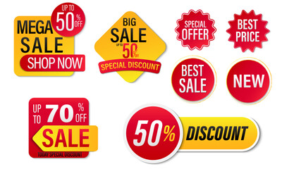 Set of yellow and red vector badges template isolated on white background, Discount tag collection, Mega sale, special offer. Design for website and advertising. Vector illustration.