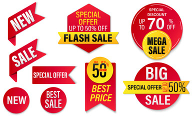 Set of yellow and red vector badges template isolated on white background, Discount tag collection, Mega sale, special offer. Design for website and advertising. Vector illustration.