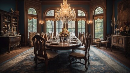 Fototapeta na wymiar Interior design inspiration of Traditional Classic style home dining room loveliness decorated with Wood and Silk material and Crystal Chandelier .Generative AI home interior design .