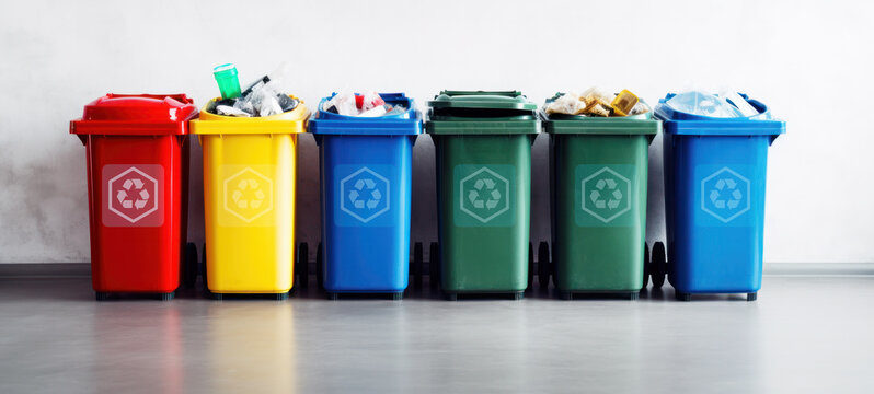 Plastic, glass, metal, and paper recycle bins, Trash cans for garbage separation, Collection of waste bins of different types of garbage recycling,  and separate waste collection concept
