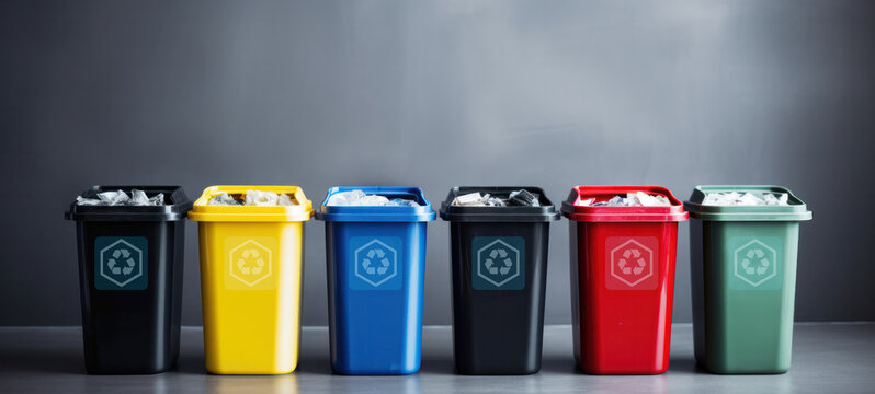 Plastic, glass, metal, and paper recycle bins, Trash cans for garbage separation, Collection of waste bins of different types of garbage recycling,  and separate waste collection concept
