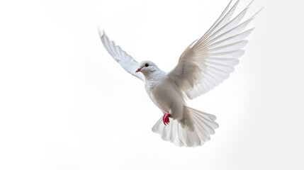 A white dove flying isolated on a white background. Generative Ai